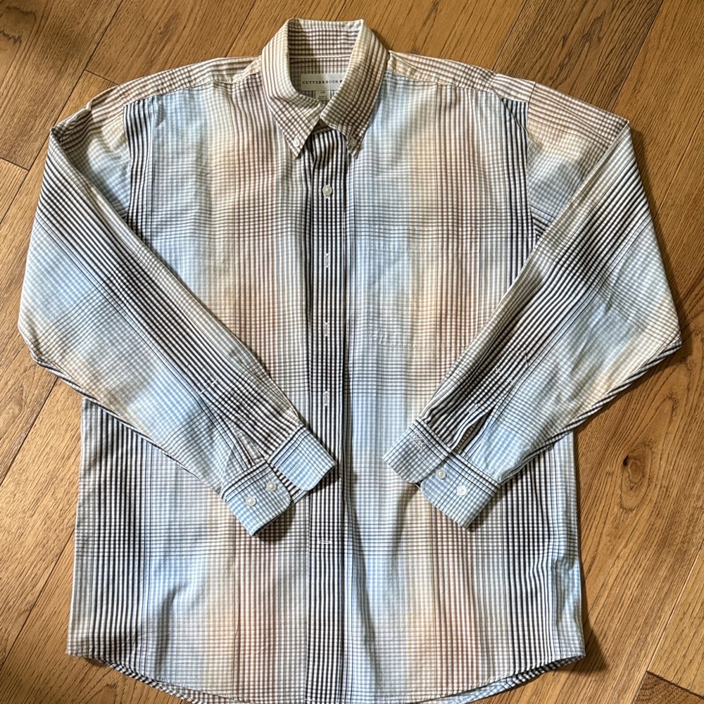 Cutter & Buck Multi-Check Long Sleeve Button-Down Shirt - Light Blue & White